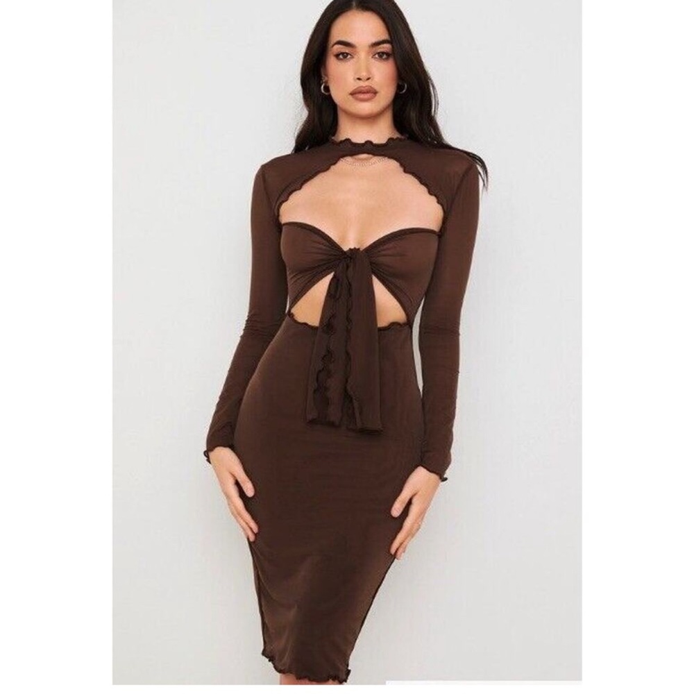 House of CB Natalia Chocolate Brown Power Mesh Tie Front Midi Dress NWOT
